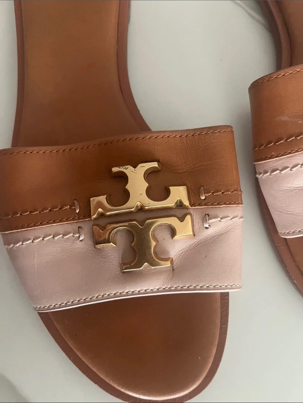 Tory Burch Two-Tone Brown and Blush Leather Slide Sandals with Gold Logo
